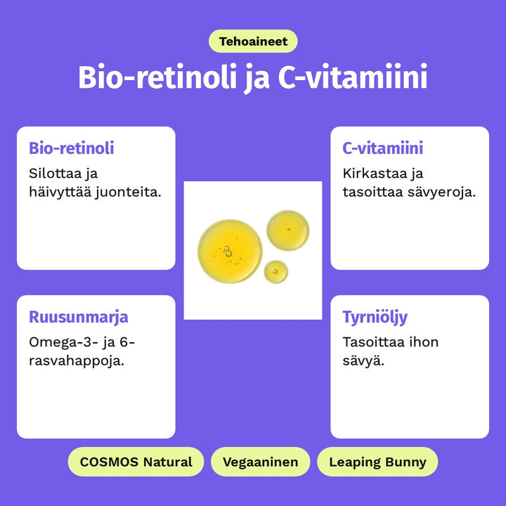 Evolve Bio-Retinol + C Booster 15 ml, tehoaineet: Bio-retinoli, C-vitamiini, Ruusunmarja ja Tyrniöljy. COSMOS Natural, Vegaaninen ja Leaping Bunny.