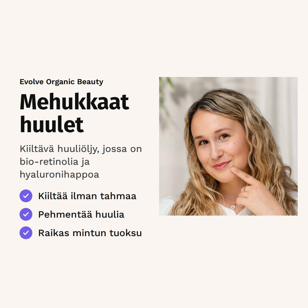 Evolve Bio-Retinol Glossy Lip Oil 15 ml. Mehukkaat huulet. Kiiltävä huuliöljy, jossa on bio-retinolia ja hyaluronihappoa. Kuvassa nainen hymyilee kiiltävin huulin.