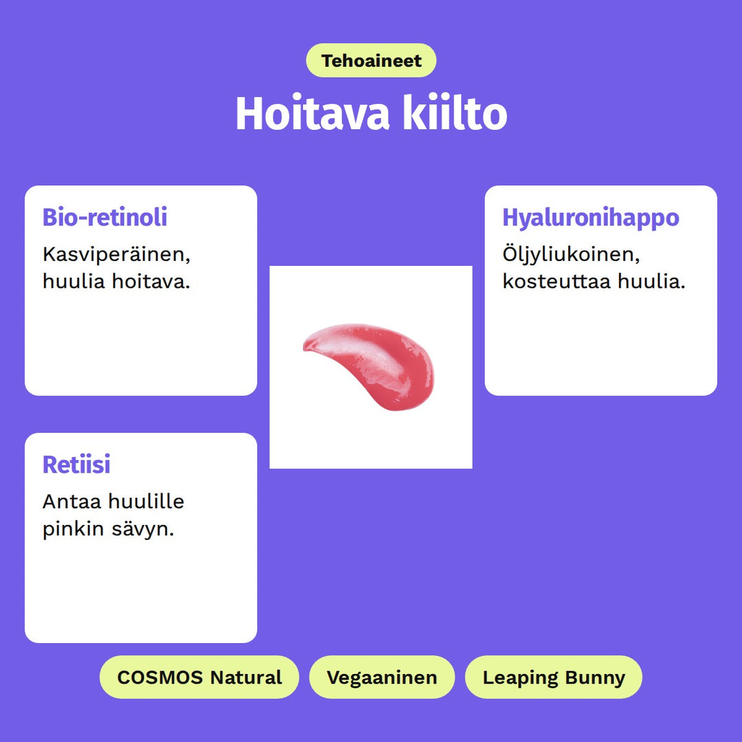 Evolve Bio-Retinol Glossy Lip Oil 15 ml, tehoaineet: Bio-retinoli, Hyaluronihappo ja Retiisi. Kuvassa huuliöljyn pinkki koostumus. COSMOS Natural, Vegaaninen ja Leaping Bunny.