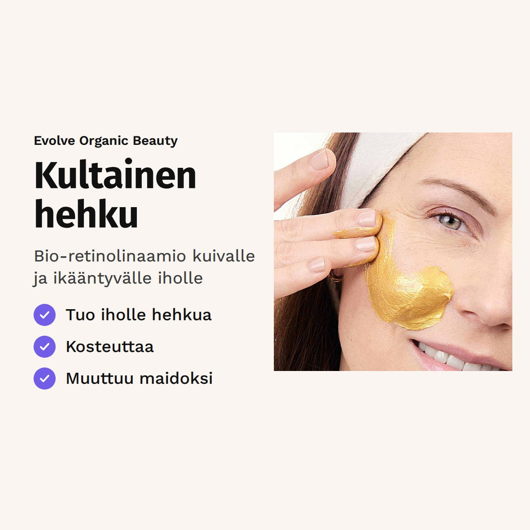 Evolve Bio-Retinol Gold Mask 60 ml. Kultainen hehku. Bio-retinolinaamio kuivalle ja ikääntyvälle iholle. Kuvassa nainen levittää kultaista naamiota.