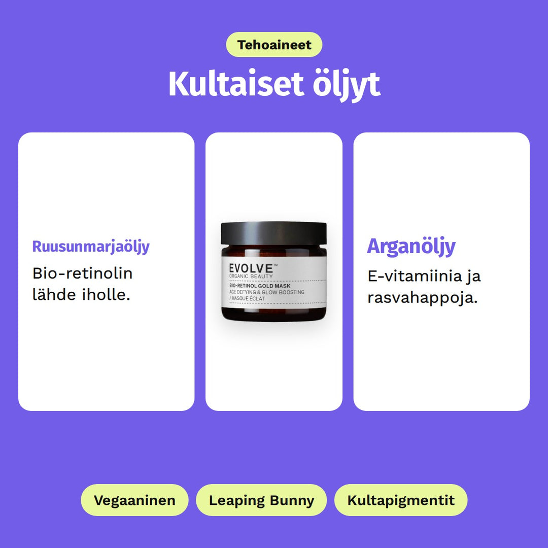 Evolve Bio-Retinol Gold Mask 60 ml, tehoaineet: Ruusunmarjaöljy ja Arganöljy. Vegaaninen, Leaping Bunny ja Kultapigmentit.