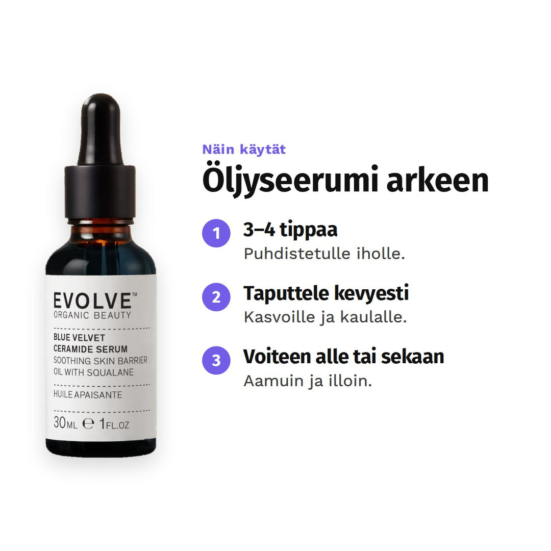 Evolve Blue Velvet Ceramide Serum 30 ml, käyttö: 1. 3–4 tippaa: Puhdistetulle iholle. 2. Taputtele kevyesti: Kasvoille ja kaulalle. 3. Voiteen alle tai sekaan: Aamuin ja illoin.