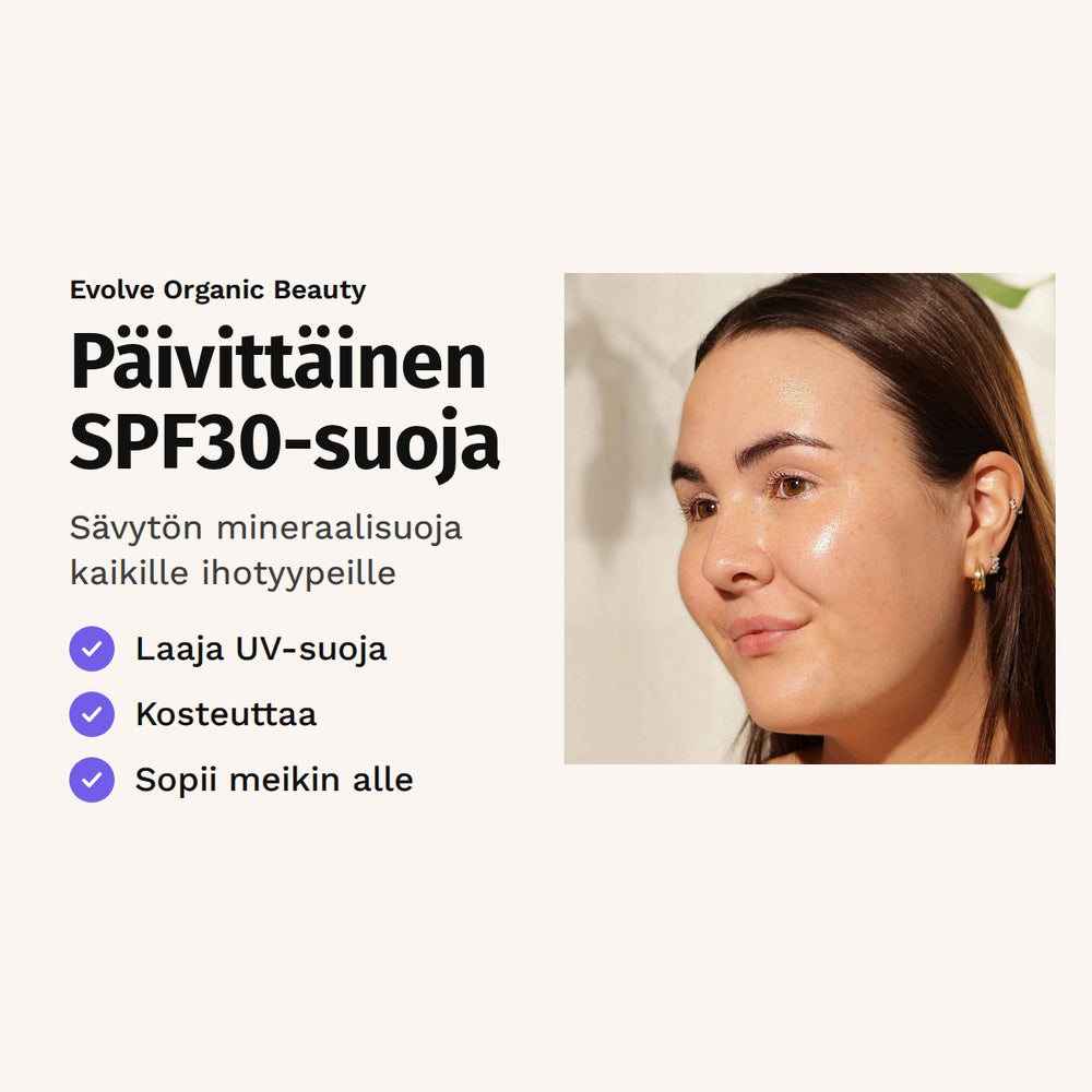 Evolve Climate Defence SPF30 Cream 40 ml. Päivittäinen SPF30-suoja. Sävytön mineraalisuoja kaikille ihotyypeille.