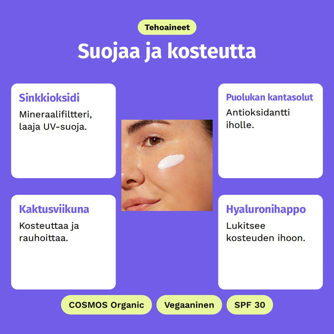 Evolve Climate Defence SPF30 Cream 40 ml, tehoaineet: Sinkkioksidi, Puolukan kantasolut, Kaktusviikuna ja Hyaluronihappo. COSMOS Organic, Vegaaninen ja SPF 30.