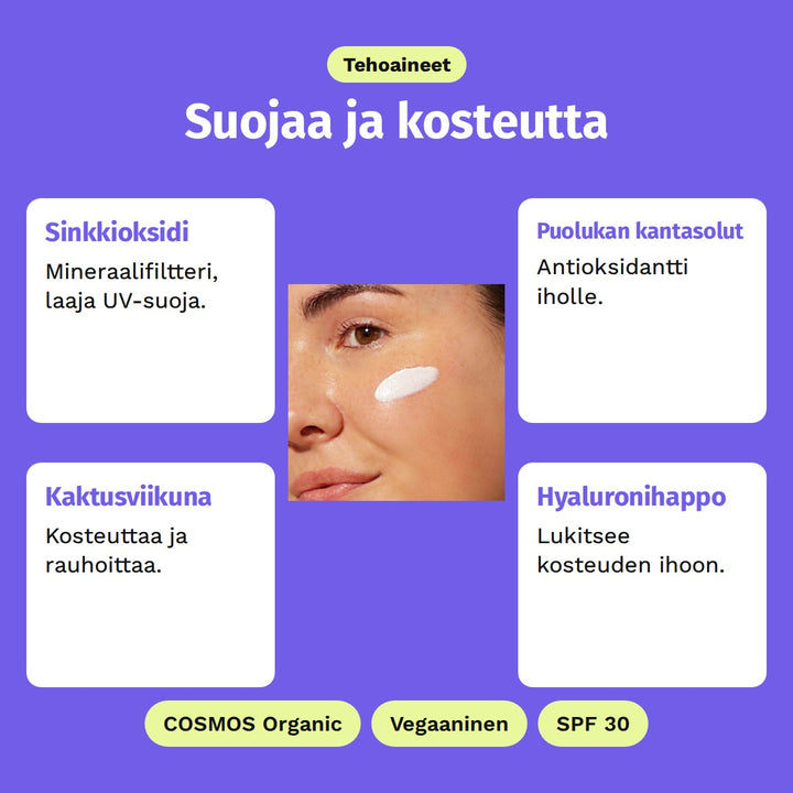 Evolve Climate Defence SPF30 Cream 40 ml, tehoaineet: Sinkkioksidi, Puolukan kantasolut, Kaktusviikuna ja Hyaluronihappo. COSMOS Organic, Vegaaninen ja SPF 30.