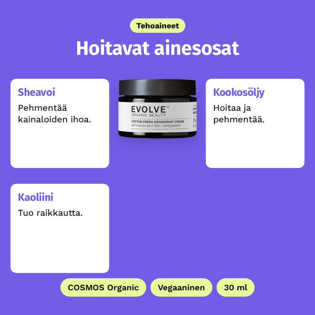 Evolve Cotton Fresh Deodoranttivoide 30 ml, tehoaineet: Sheavoi, Kookosöljy ja Kaoliini. COSMOS Organic, Vegaaninen ja 30 ml.
