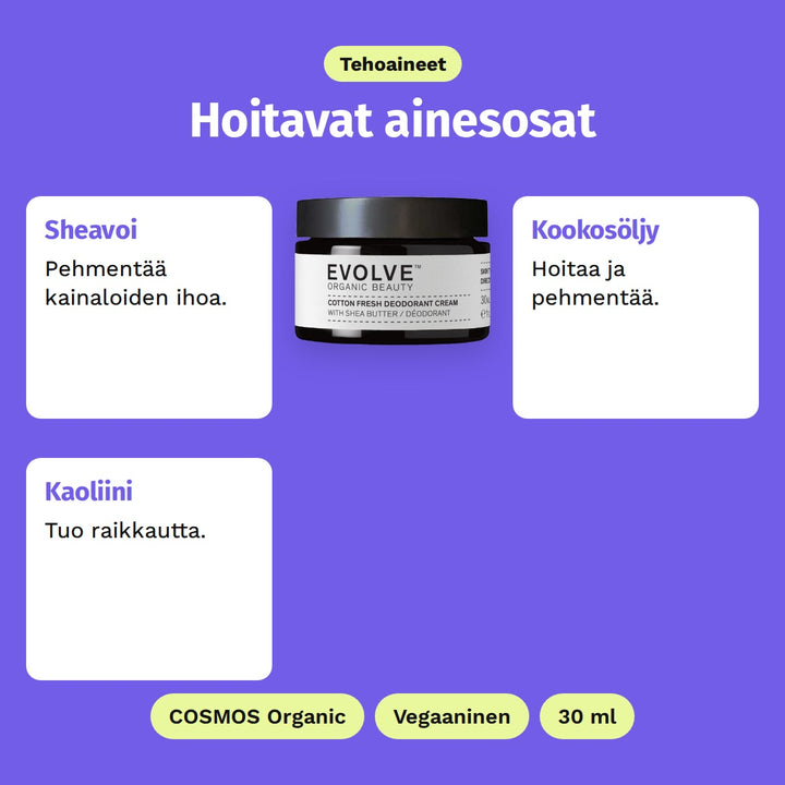 Evolve Cotton Fresh Deodoranttivoide 30 ml, tehoaineet: Sheavoi, Kookosöljy ja Kaoliini. COSMOS Organic, Vegaaninen ja 30 ml.