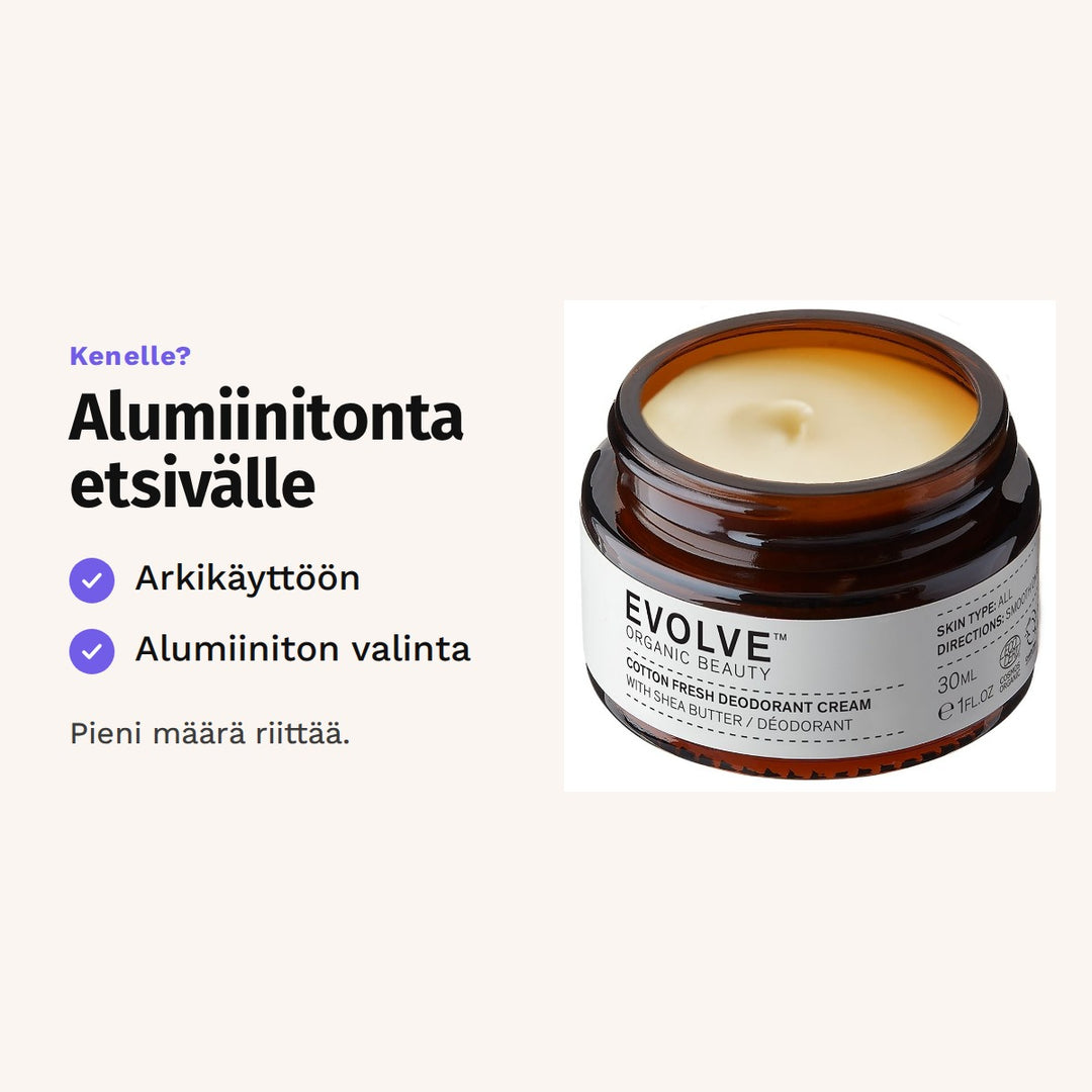 Evolve Cotton Fresh Deodoranttivoide 30 ml sopii: arkikäyttöön ja alumiiniton valinta.