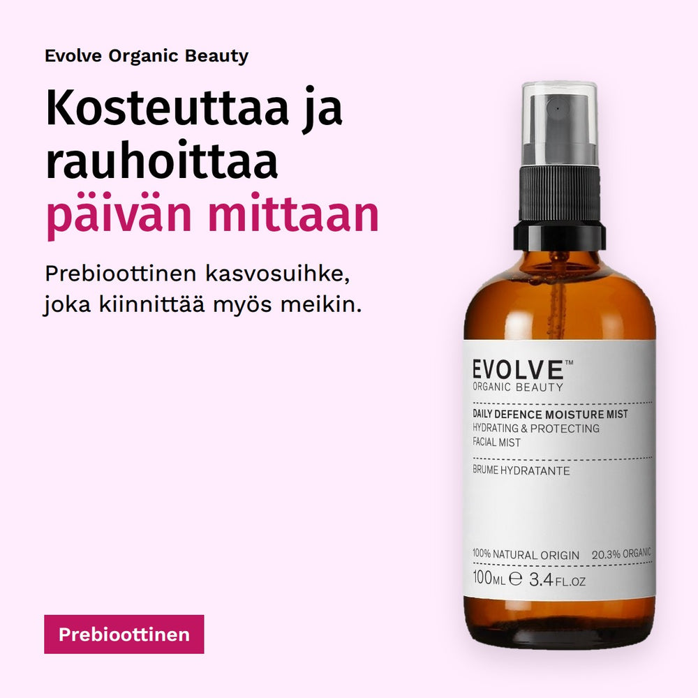 Evolve Organic Beauty Daily Defence Kosteuttava kasvosuihke 100ml. Kosteuttaa ja rauhoittaa päivän mittaan. Prebioottinen kasvosuihke, joka kiinnittää myös meikin. Prebioottinen.