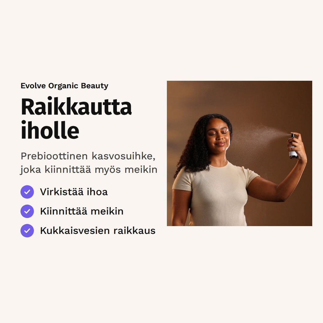 Evolve Daily Defence -kasvosuihke 100 ml. Raikkautta iholle. Prebioottinen kasvosuihke, joka kiinnittää myös meikin. Kuvassa nainen suihkauttaa kasvosuihketta.