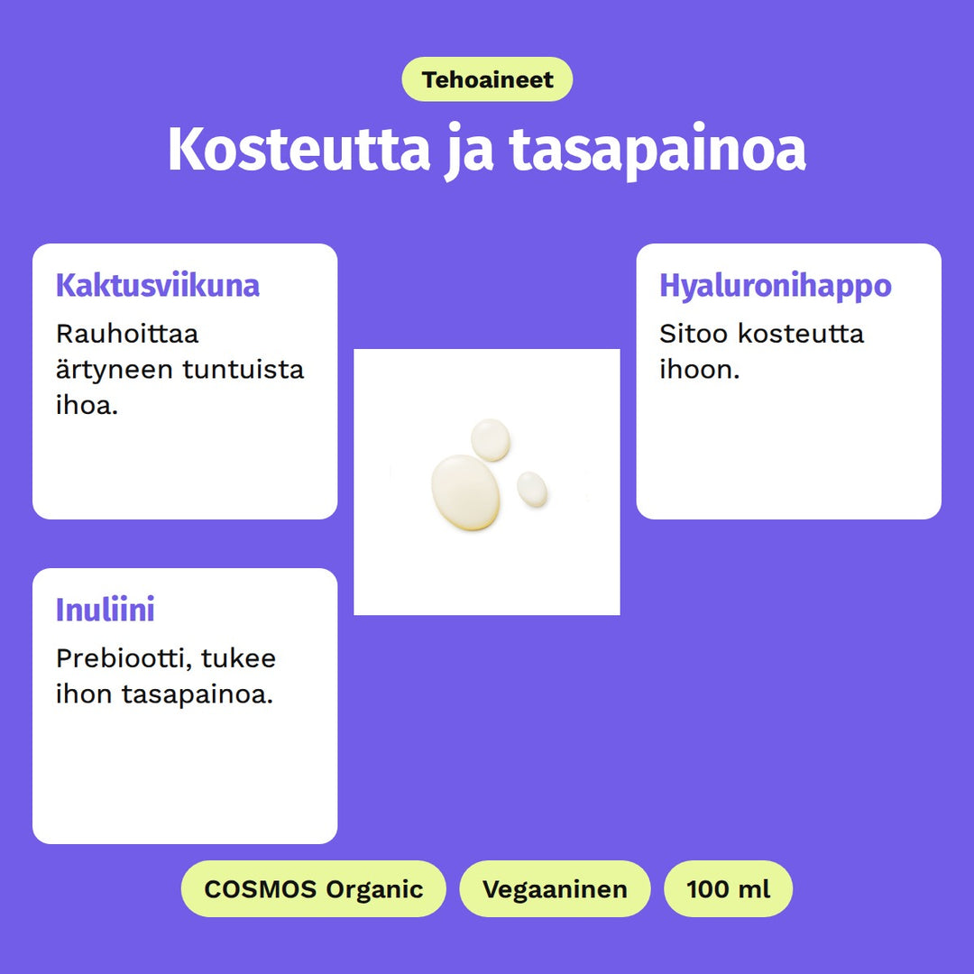 Evolve Daily Defence -kasvosuihke 100 ml, tehoaineet: Kaktusviikuna, Hyaluronihappo ja Inuliini. Kuvassa suihkeen koostumus pisaroina. COSMOS Organic, Vegaaninen ja 100 ml.