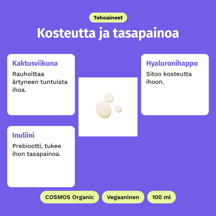 Evolve Daily Defence -kasvosuihke 100 ml, tehoaineet: Kaktusviikuna, Hyaluronihappo ja Inuliini. Kuvassa suihkeen koostumus pisaroina. COSMOS Organic, Vegaaninen ja 100 ml.