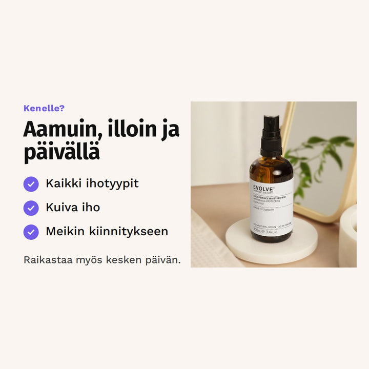 Evolve Daily Defence -kasvosuihke 100 ml sopii: kaikki ihotyypit, kuiva iho ja meikin kiinnitykseen.