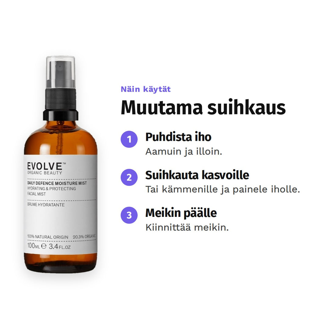 Evolve Daily Defence -kasvosuihke 100 ml, käyttö: 1. Puhdista iho: Aamuin ja illoin. 2. Suihkauta kasvoille: Tai kämmenille ja painele iholle. 3. Meikin päälle: Kiinnittää meikin.