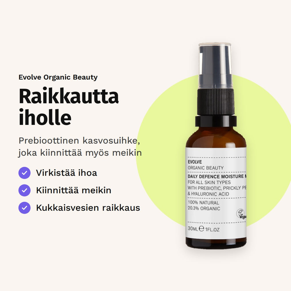 Evolve Daily Defence -kasvosuihke 30 ml. Raikkautta iholle. Prebioottinen kasvosuihke, joka kiinnittää myös meikin.