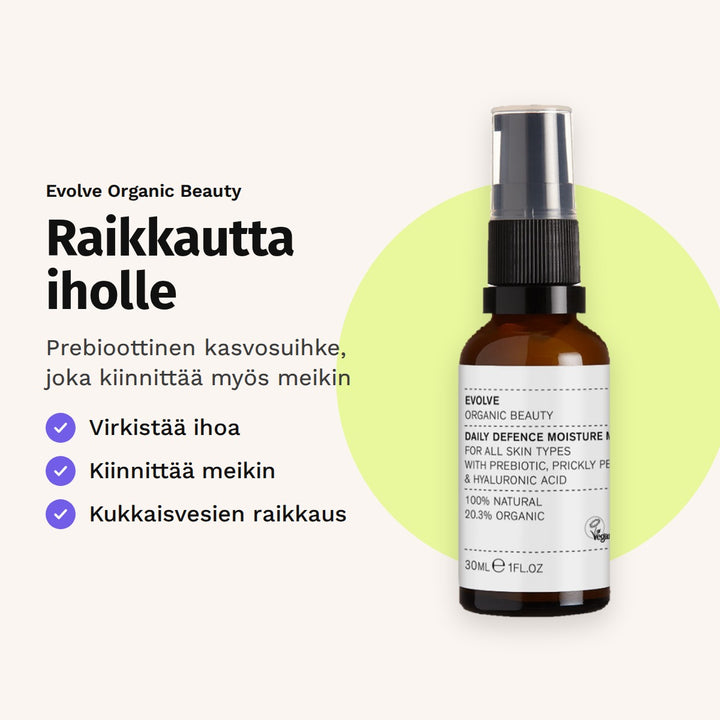 Evolve Daily Defence -kasvosuihke 30 ml. Raikkautta iholle. Prebioottinen kasvosuihke, joka kiinnittää myös meikin.