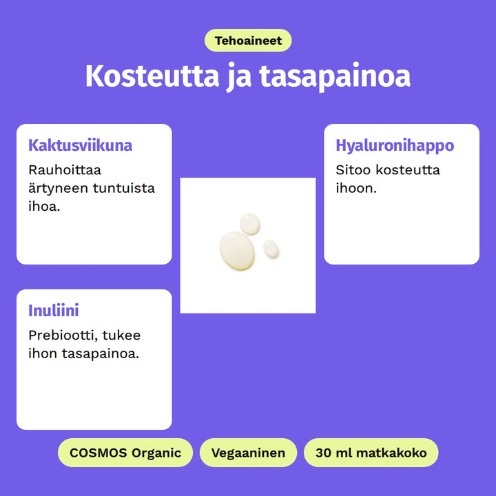 Evolve Daily Defence -kasvosuihke 30 ml, tehoaineet: Kaktusviikuna, Hyaluronihappo ja Inuliini. Kuvassa suihkeen koostumus pisaroina. COSMOS Organic, Vegaaninen ja 30 ml matkakoko.