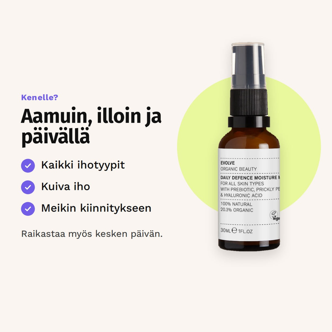 Evolve Daily Defence -kasvosuihke 30 ml sopii: kaikki ihotyypit, kuiva iho ja meikin kiinnitykseen.