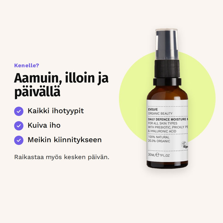 Evolve Daily Defence -kasvosuihke 30 ml sopii: kaikki ihotyypit, kuiva iho ja meikin kiinnitykseen.