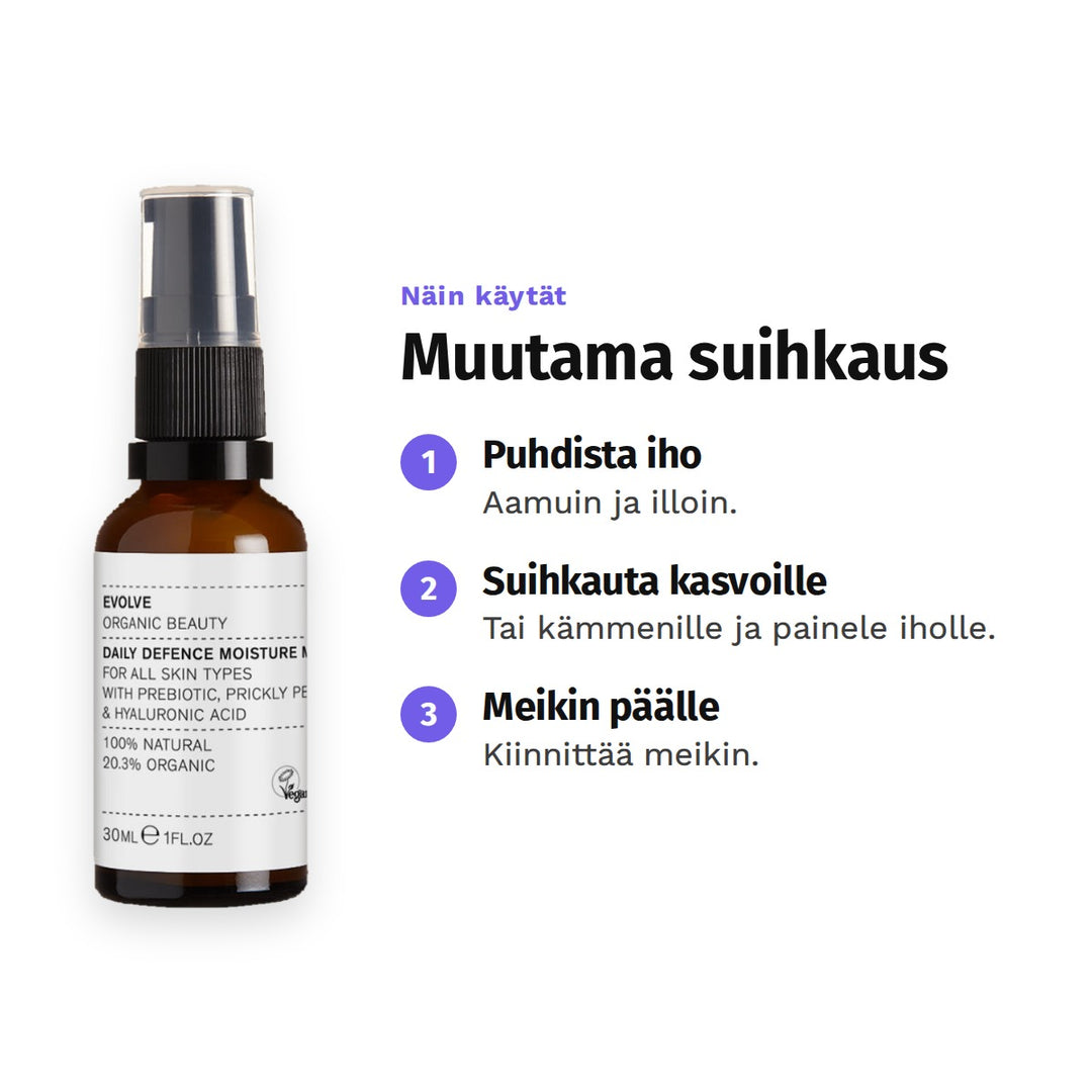 Evolve Daily Defence -kasvosuihke 30 ml, käyttö: 1. Puhdista iho: Aamuin ja illoin. 2. Suihkauta kasvoille: Tai kämmenille ja painele iholle. 3. Meikin päälle: Kiinnittää meikin.