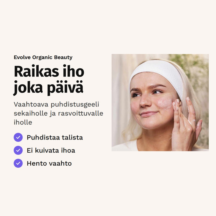 Evolve Daily Detox -puhdistusgeeli 100 ml. Raikas iho joka päivä. Vaahtoava puhdistusgeeli sekaiholle ja rasvoittuvalle iholle. Kuvassa nainen pesee kasvojaan.