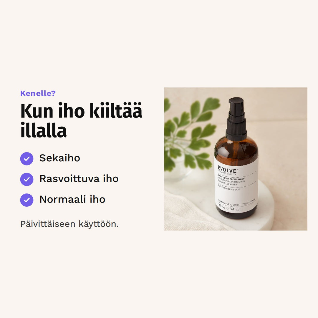 Evolve Daily Detox -puhdistusgeeli 100 ml sopii: sekaiho, rasvoittuva iho ja normaali iho.