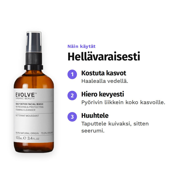 Evolve Daily Detox -puhdistusgeeli 100 ml, käyttö: 1. Kostuta kasvot: Haalealla vedellä. 2. Hiero kevyesti: Pyörivin liikkein koko kasvoille. 3. Huuhtele: Taputtele kuivaksi, sitten seerumi.