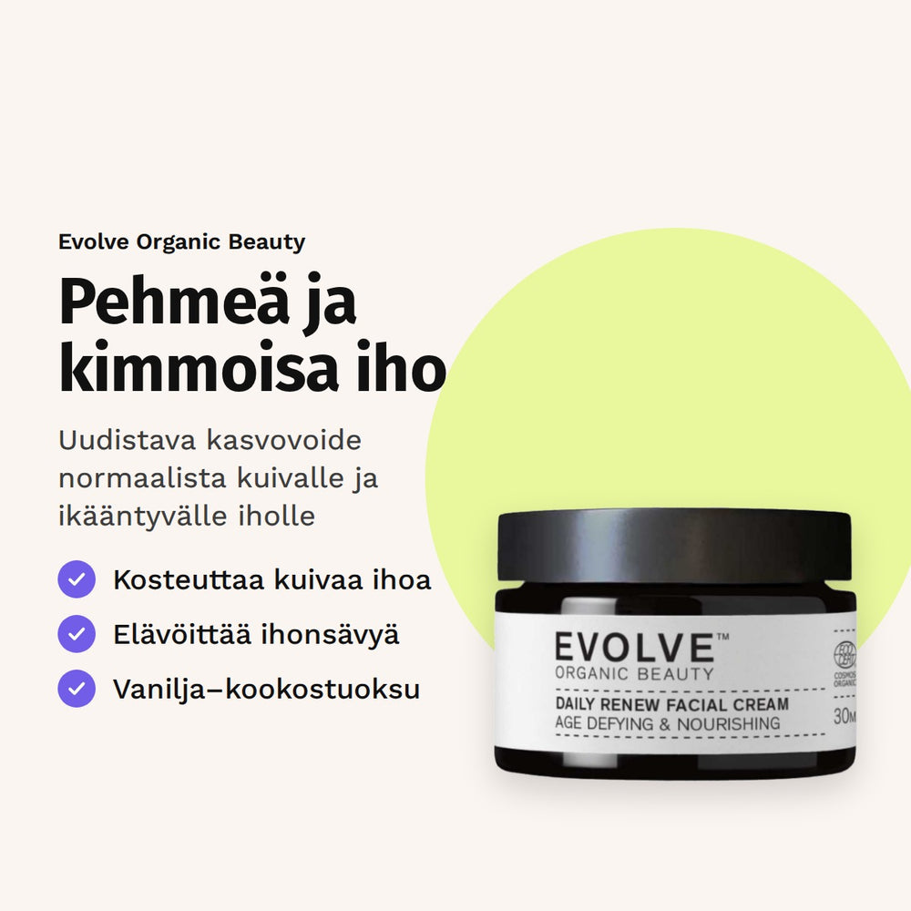 Evolve Daily Renew -kasvovoide 30 ml. Pehmeä ja kimmoisa iho. Uudistava kasvovoide normaalista kuivalle ja ikääntyvälle iholle.