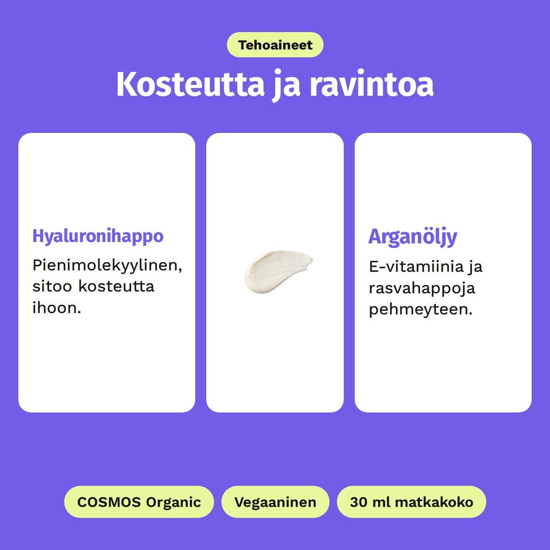 Evolve Daily Renew -kasvovoide 30 ml, tehoaineet: Hyaluronihappo ja Arganöljy. Kuvassa voiteen paksu, kermainen koostumus. COSMOS Organic, Vegaaninen ja 30 ml matkakoko.