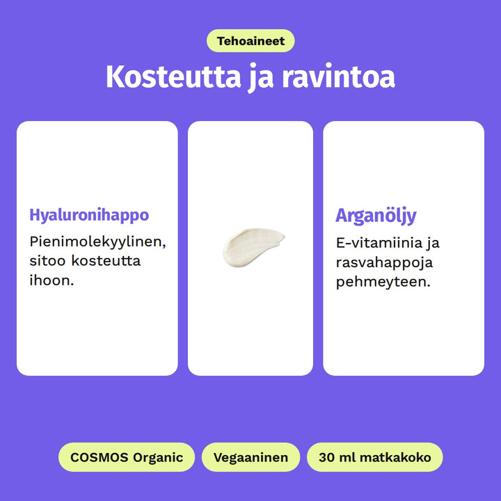 Evolve Daily Renew -kasvovoide 30 ml, tehoaineet: Hyaluronihappo ja Arganöljy. Kuvassa voiteen paksu, kermainen koostumus. COSMOS Organic, Vegaaninen ja 30 ml matkakoko.