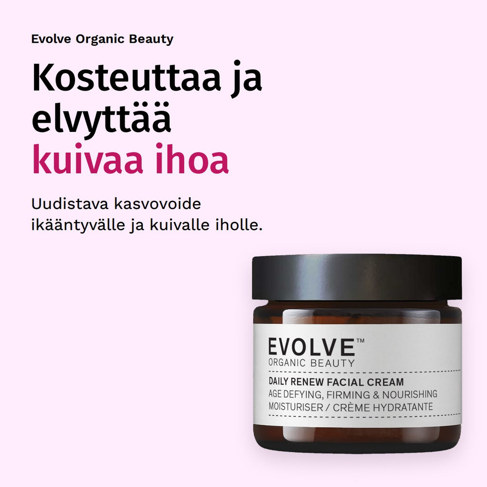 Evolve Organic Beauty Daily Renew Facial Cream Uudistava kasvovoide 60ml. Kosteuttaa ja elvyttää kuivaa ihoa. Uudistava kasvovoide ikääntyvälle ja kuivalle iholle.