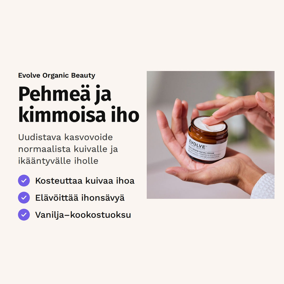Evolve Daily Renew -kasvovoide 60 ml. Pehmeä ja kimmoisa iho. Uudistava kasvovoide normaalista kuivalle ja ikääntyvälle iholle. Kuvassa voidetta otetaan sormella purkista.
