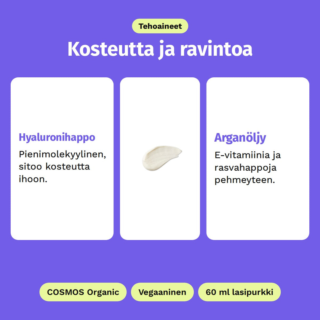 Evolve Daily Renew -kasvovoide 60 ml, tehoaineet: hyaluronihappo ja arganöljy. Kuvassa voiteen paksu, kermainen koostumus. COSMOS Organic, Vegaaninen ja 60 ml lasipurkki.