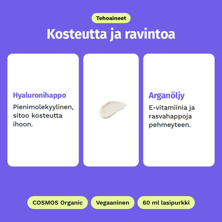 Evolve Daily Renew -kasvovoide 60 ml, tehoaineet: hyaluronihappo ja arganöljy. Kuvassa voiteen paksu, kermainen koostumus. COSMOS Organic, Vegaaninen ja 60 ml lasipurkki.