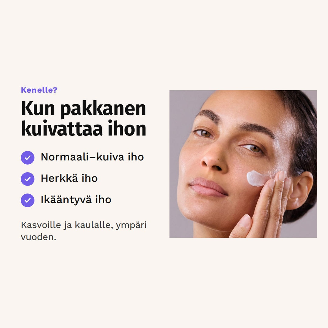 Evolve Daily Renew -kasvovoide 60 ml sopii: normaali–kuiva iho, herkkä iho ja ikääntyvä iho. Kuvassa nainen levittää voidetta poskelleen.