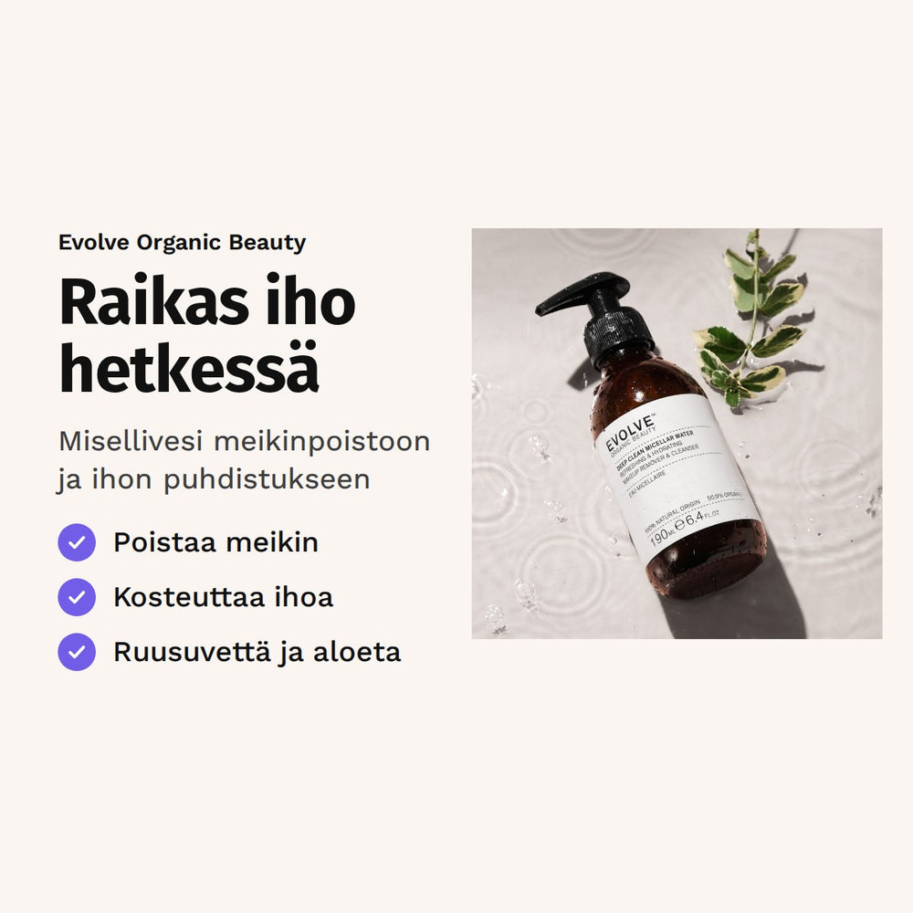 Evolve Deep Clean Micellar Water 190 ml. Raikas iho hetkessä. Misellivesi meikinpoistoon ja ihon puhdistukseen. Kuvassa pumppupullo vehreiden lehtien keskellä.