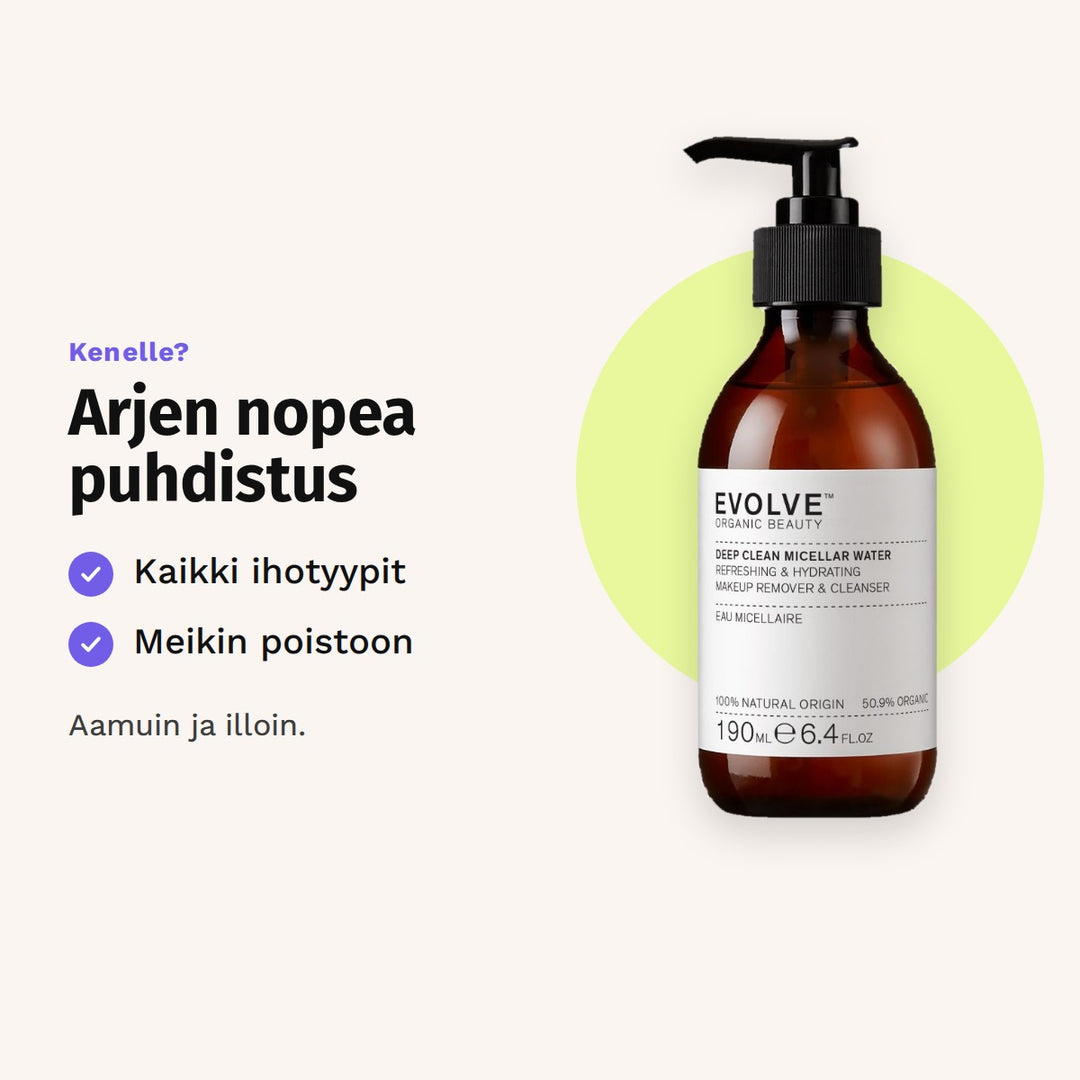 Evolve Deep Clean Micellar Water 190 ml sopii: kaikki ihotyypit ja meikin poistoon.