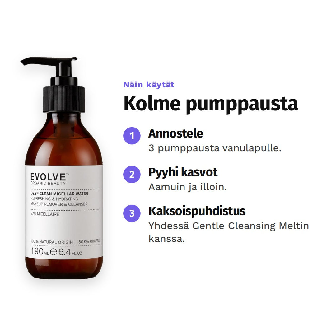 Evolve Deep Clean Micellar Water 190 ml, käyttö: 1. Annostele: 3 pumppausta vanulapulle. 2. Pyyhi kasvot: Aamuin ja illoin. 3. Kaksoispuhdistus: Yhdessä Gentle Cleansing Meltin kanssa.
