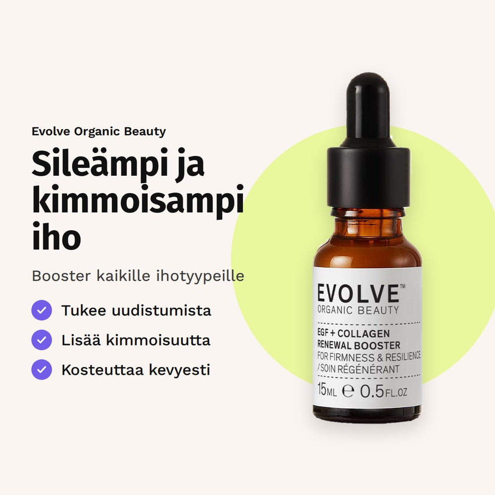 Evolve Organic Beauty EGF + Collagen Renewal Booster 15ml. Sileämpi ja kimmoisampi iho. Booster kaikille ihotyypeille. Tukee uudistumista. Lisää kimmoisuutta. Kosteuttaa kevyesti.