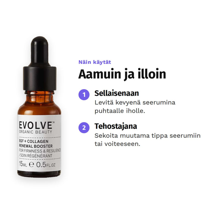 Evolve EGF + Collagen Renewal Booster 15 ml, käyttö: 1. Sellaisenaan: Levitä kevyenä seerumina puhtaalle iholle. 2. Tehostajana: Sekoita muutama tippa seerumiin tai voiteeseen.