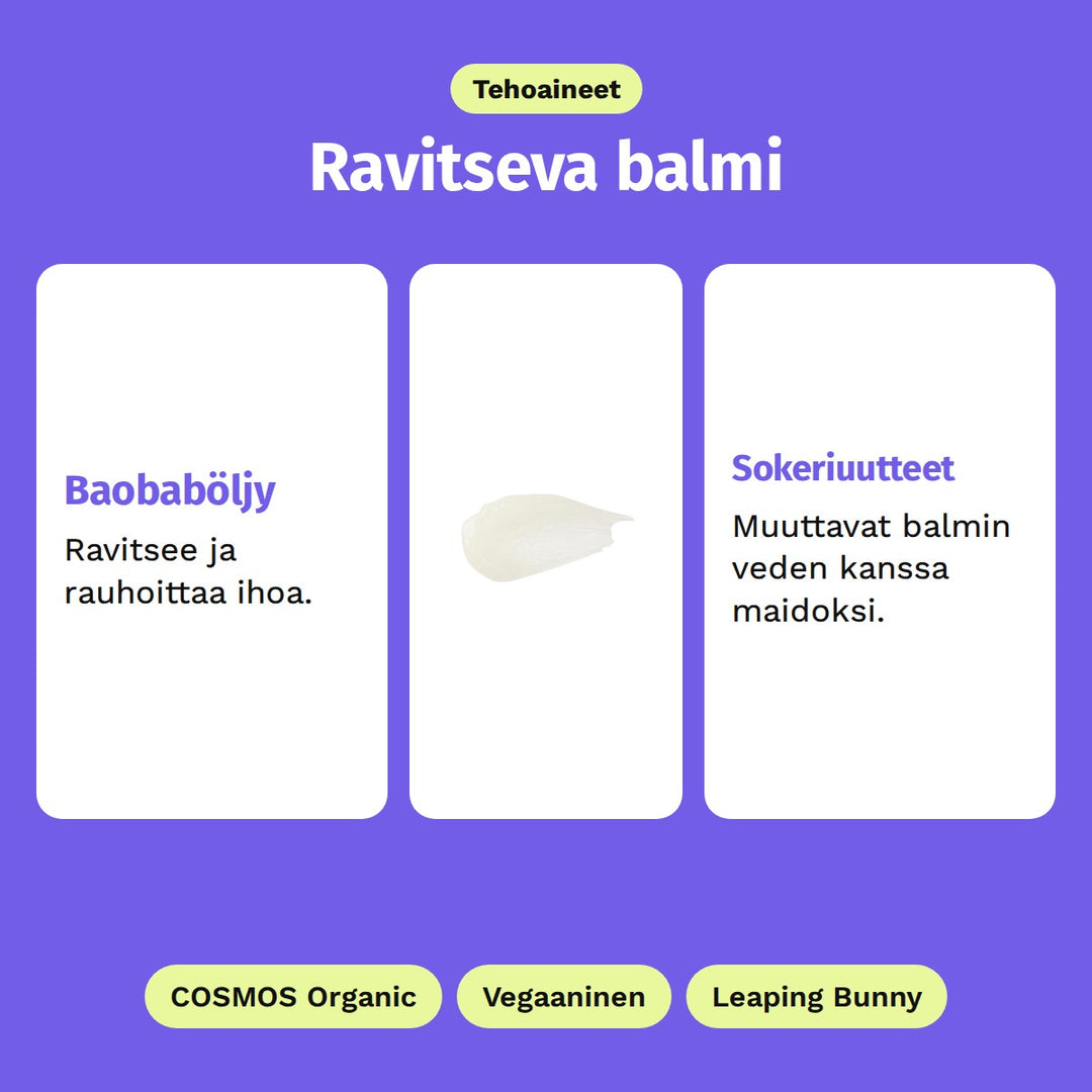 Evolve Gentle Cleansing Melt -puhdistusbalmi 120 ml, tehoaineet: Baobaböljy ja Sokeriuutteet. COSMOS Organic, Vegaaninen ja Leaping Bunny.