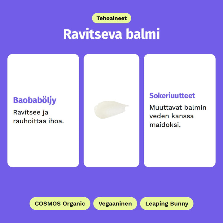 Evolve Gentle Cleansing Melt -puhdistusbalmi 120 ml, tehoaineet: Baobaböljy ja Sokeriuutteet. COSMOS Organic, Vegaaninen ja Leaping Bunny.