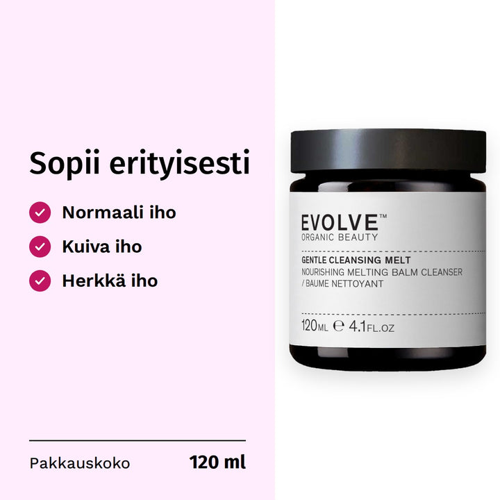 Evolve Organic Beauty Gentle Cleansing Melt Puhdistusbalmi 120ml. Sopii erityisesti: normaali iho, kuiva iho, herkkä iho. Pakkauskoko 120 ml.