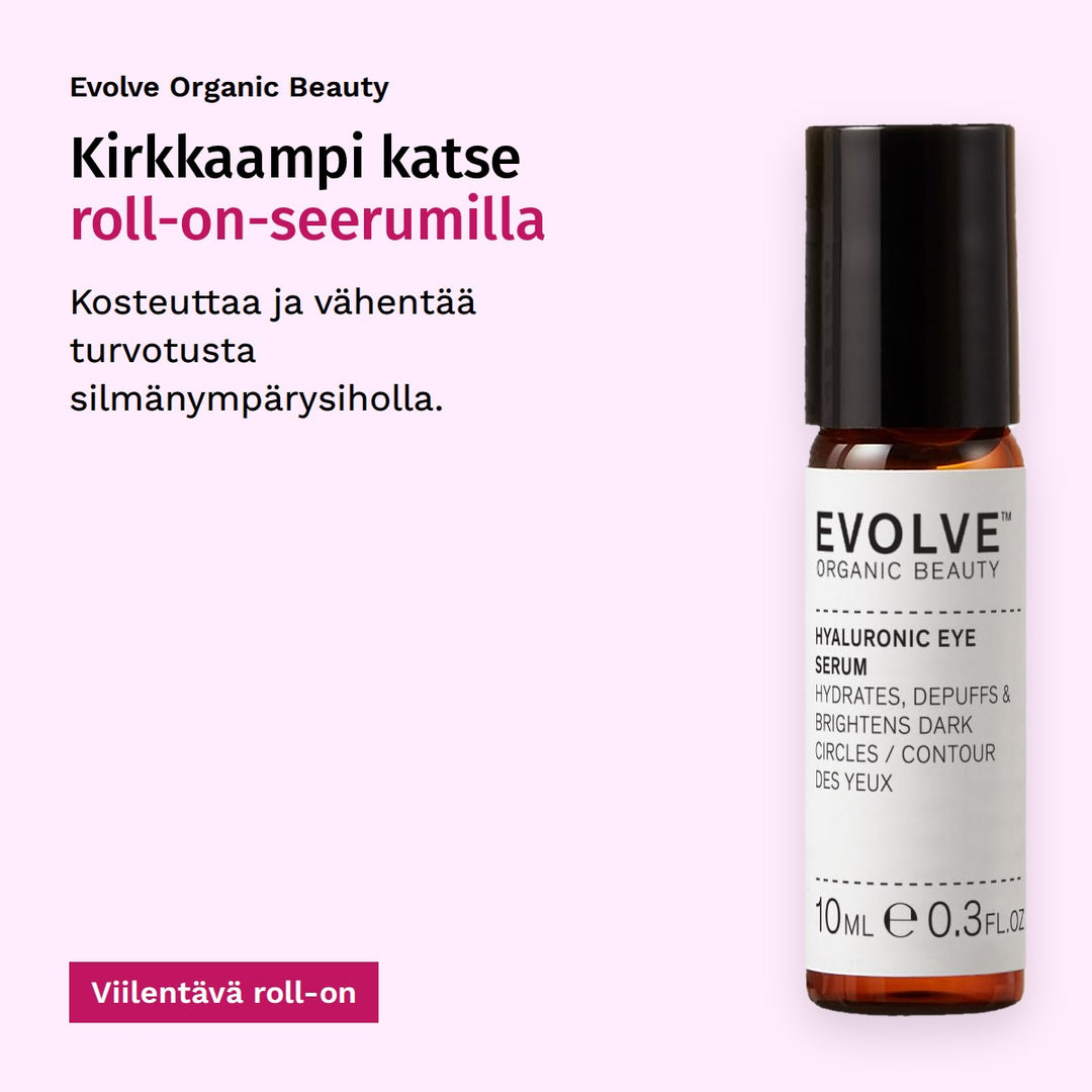 Evolve Organic Beauty Hyaluronic Eye Serum Silmänympärysseerumi 10ml. Kirkkaampi katse roll-on-seerumilla. Kosteuttaa ja vähentää turvotusta silmänympärysiholla. Viilentävä roll-on.
