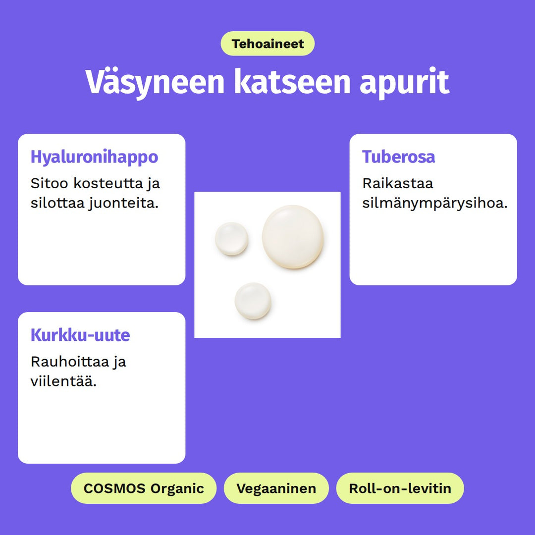 Evolve Hyaluronic Eye Serum 10 ml, tehoaineet: Hyaluronihappo, Tuberosa ja Kurkku-uute. COSMOS Organic, Vegaaninen ja Roll-on-levitin.