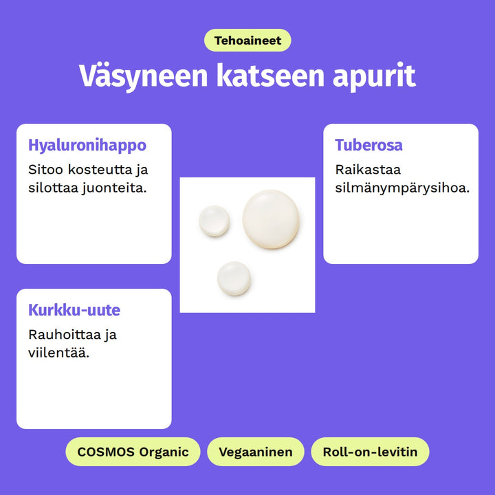 Evolve Hyaluronic Eye Serum 10 ml, tehoaineet: Hyaluronihappo, Tuberosa ja Kurkku-uute. COSMOS Organic, Vegaaninen ja Roll-on-levitin.