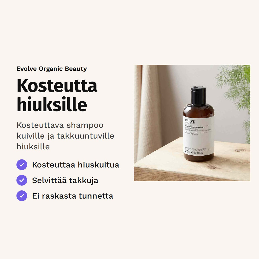 Evolve Hyaluronic Hydrating Shampoo 250 ml. Kosteutta hiuksille. Kosteuttava shampoo kuiville ja takkuuntuville hiuksille.