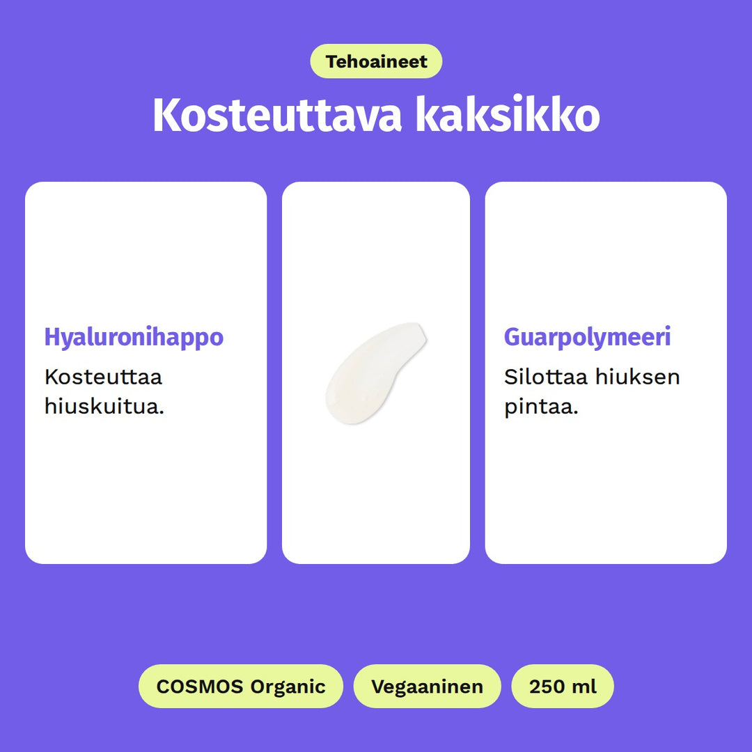 Evolve Hyaluronic Hydrating Shampoo 250 ml, tehoaineet: Hyaluronihappo ja Guarpolymeeri. Kuvassa shampoon kermainen koostumus. COSMOS Organic, Vegaaninen ja 250 ml.