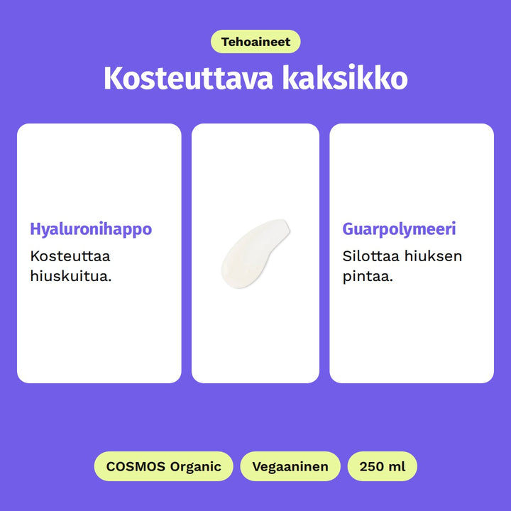 Evolve Hyaluronic Hydrating Shampoo 250 ml, tehoaineet: Hyaluronihappo ja Guarpolymeeri. Kuvassa shampoon kermainen koostumus. COSMOS Organic, Vegaaninen ja 250 ml.