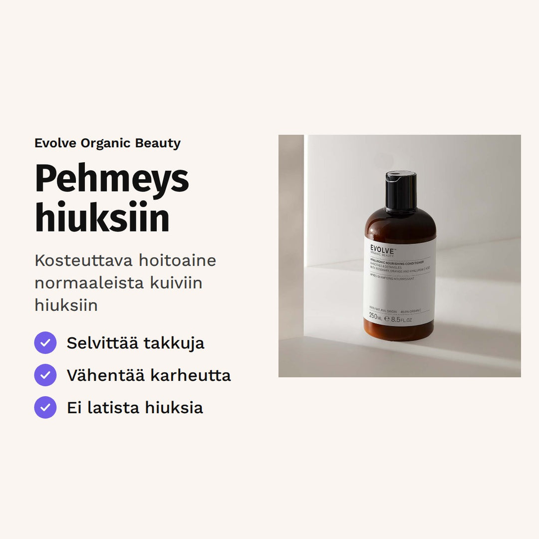 Evolve Hyaluronic Nourishing Conditioner 250 ml. Pehmeys hiuksiin. Kosteuttava hoitoaine normaaleista kuiviin hiuksiin.